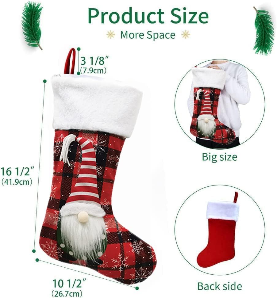 Шеридц кадифен Божиќно порибување 2 пакувања, 18 3Д гноми Дедо Мраз Божиќни чорапи карирани Божиќни камиони што висат чорапи за украси за семејни