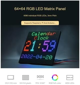 Waveshare 64 × 64 пиксели RGB со целосна боја LED матрикс-панел дисплеј 3мм LED модул LED модул компатибилен со Arduino, 4096 индивидуални
