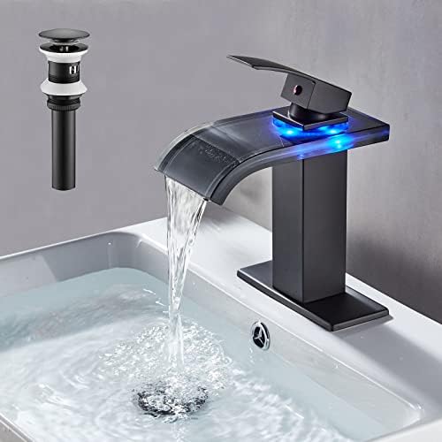 Skybathjoy LED светло -бања мијалник за мијалник со единечна дупка црна водопад Спаут, чешми за бања за мијалник 1 дупка, топла