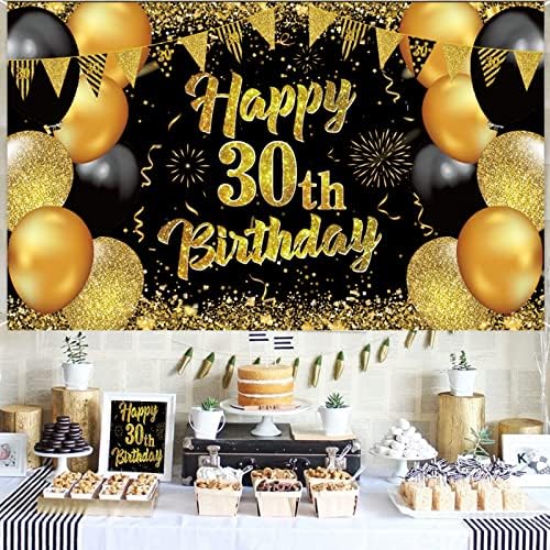 30-ти роденден банер, 30-ти роденден украси за мажи жени, роденден позадина, црна и златна роденден банери, 30-ти роденден појас,