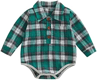 Бебе момче карирана кошула ромпер памук копче со долг ракав надолу со џебна кошула за новороденче