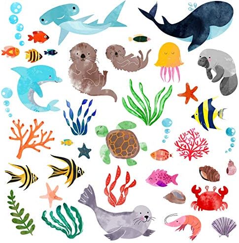 Симпатични акварели морски животни кораат и стапчиња за wallидни уметности налепници за детска соба/расадник/дневна соба/игротека/училница