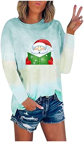 Есенски кошули за жени контраст на бојата Божиќно печатење пулвер О-врат плус меки џемпери за жени за жени