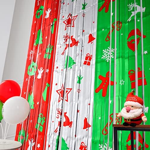 Декорација на Божиќна забава LOLSTAR, 2 пакувања Божиќни тематски модели на фолија од рабни завеси 3,2 x 6,6 стапки црвено сребрена