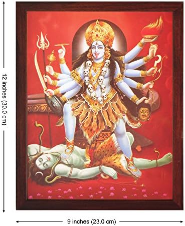 Божица Санвика Маа Кали убивајќи Господ Шива, хиндуистичко религиозно постер сликање со рамка за обожавање
