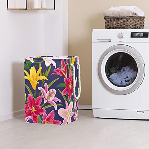 Убава розова розова жолта лилјана цвеќиња образец Голем алишта за перење со лесна рачка за носење, водоотпорна корпа за перење алишта за канти