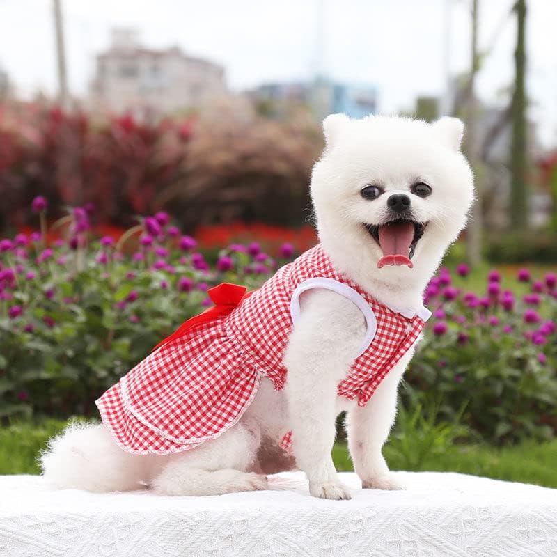 Куче девојка карирана принцеза фустан со лак + кучиња поводник за свадбена забава летна плажа, кученце без ракави кул облека за дишење облека