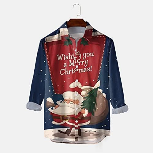 Здфер Божиќни масти за обични кошули со долги ракави, носат кошула за вратот, смешна маичка за печатење на Дедо Мраз Клаус