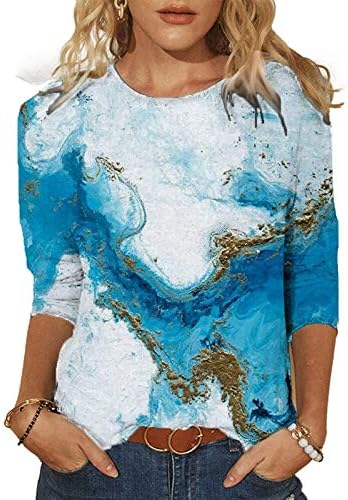 Женски врвови модна маица женска пролетна печатена печатена средна должина на ракави екипаж-вратот на вратот на летните врвови