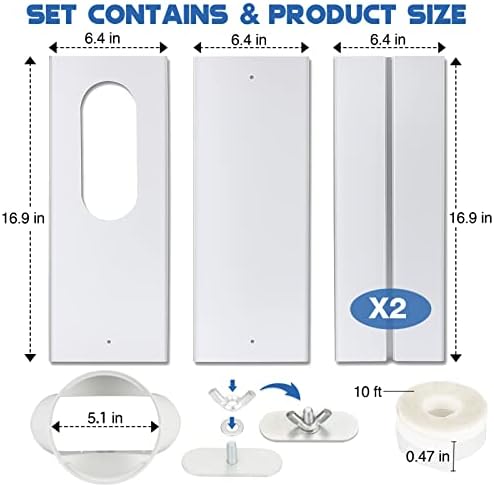 Комплет за прозорец за преносен климатик - 3 прилагодливи плочи за заптивки на слајдови, 5.1 адаптер за црево, прилагодлива должина од