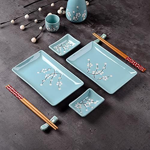 Јапонски стил на јапонски стил сина порцелан суши плоча поставена со плочи 2xsushi, садови за натопи, стапки за стапчиња, пакет за