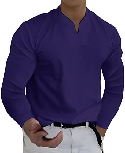 Машки V врат Хенли кошули со долг ракав, пролетен мускул Тенок фит деловна обична маица лесни врвови на јака