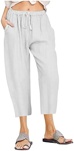 Женски постелнина исечени широки панталони за нозе, женски цврсти удобни лабави лабава еластична половината обични палацо панталони со