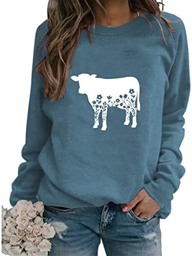 Женски цветни крави графички џемпери слатки симпатични смешни фарма куќа влечење врвови долги ракави екипаж џемпери цвеќиња цветни