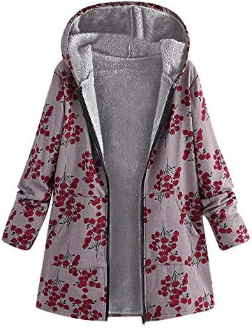 Nreealy јакна женска зимска топла надворешна облека со цветни печатени џебови гроздобер преголеми палта