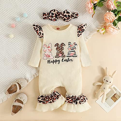 Бебе девојче Велигденска облека, бебе велигденски ромпер зајаче печати велигденска облека со долг ракав буква со скокање ромпер