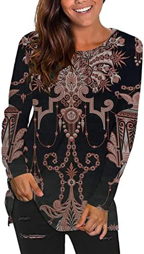 Nokmopo женски фустани кошули случајно печатење лабава тркалезна врата долги ракави врвови лабава основна маица