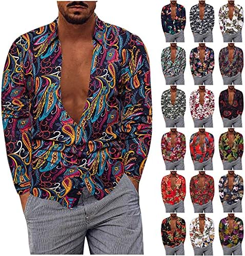 XXBR машки памучни ленени кошули плус големина, копче со долг ракав надолу на хавајски лисја кошула гроздобер бохо обични плажа