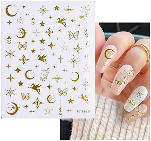 Налепници за уметност на ноктите дизајн на ноктите самостојно лепило 5Д Moon Star Star Nail Supplies, врежано сонце пеперутка