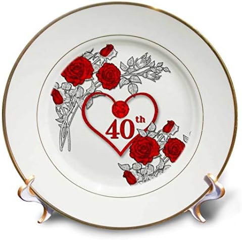 3drose црвено срце и рози 40 -годишнина од рубин за свадба или деловна порцеланска плоча, 8 “