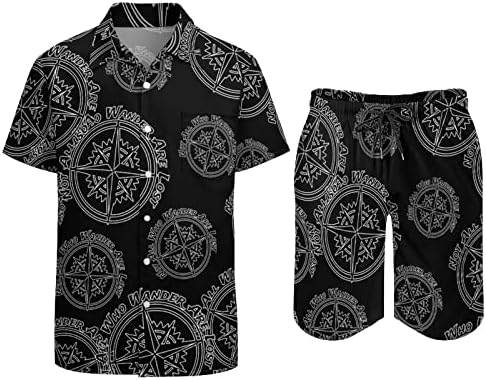 Компас за машки хавајски кошули со кратки ракави со кратки ракави и панталони летни облеки на плажа лабава фит тренер