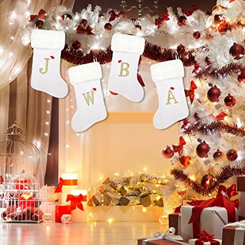Токфорти 20 инчи бел кадифе со бел супер мек кафулен манжетен монограм Божиќни чорапи, Божиќни персонализирани украсени чорапи за писма