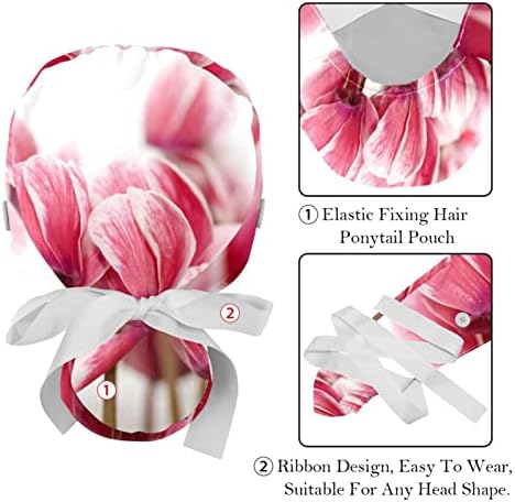 Медицински капачиња за жени со копчиња долга коса, 2 парчиња прилагодливо работно капаче, розови лалиња со цветни ливчиња