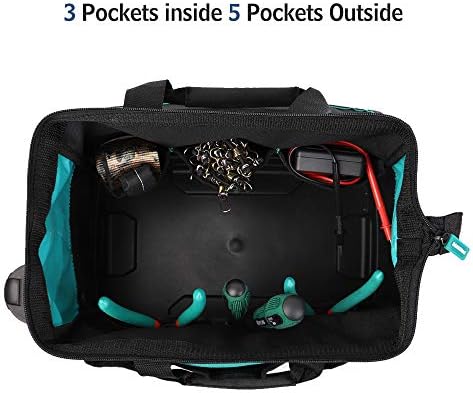 Prowin 14-инчен торба со алатки, организатор на алатки со повеќе џеб со пластично водоотпорно дно, широка уста алатка торба