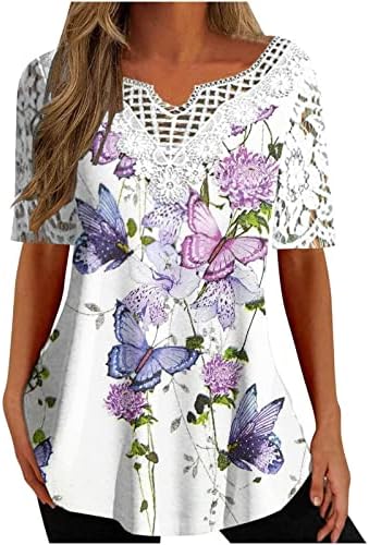 Mrgiinri женски врвови 2023 фустани случајни кратки ракави против маици со вратот, симпатична цветна печатена чипка лабава вклопена летна