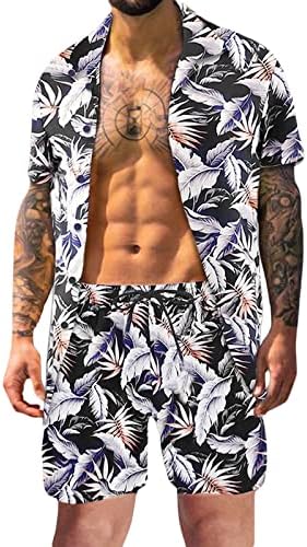 2 парчиња облека Облеки за мажи скута модна хавајска кошула и кратки комплети цветни маици за мускули на Хаваи