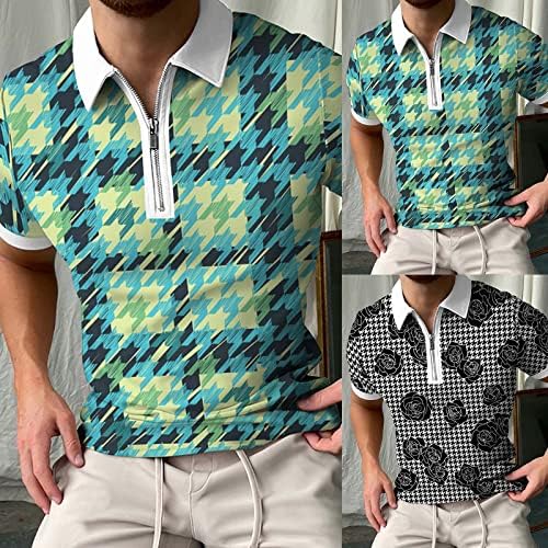 Машка четвртина-зип тенок фит поло маица со кратки ракави вратоврска боја боја крпеница маица обична блуза за голф со редовни