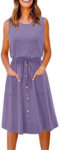 Kulywon жени летни фустани 2023 влечење еластично високо половината на резервоарот без ракави, тенок копчиња Миди фустан