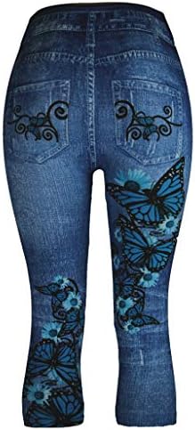 Плус големина capri jeggings за жени со високи половини хеланки слаби истегни исечени фармерки пеперутки печати тексас шорцеви