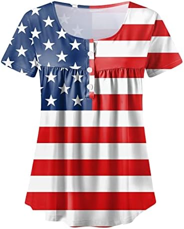 Womenените кошули со кратки ракави за независност Ден на графичко копче Вратот Врв на вратот на вратот на Хенри Блуза кошули Обични маици