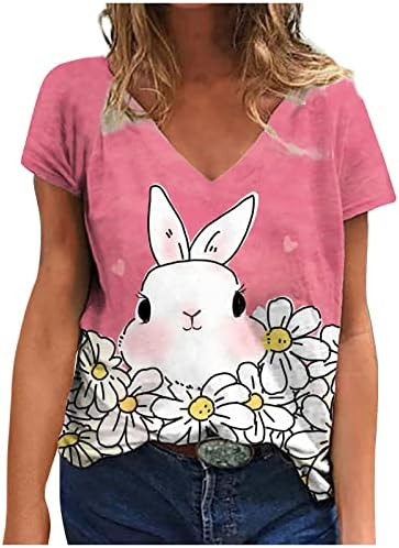 Велигденски кошули за жени зајаче зајак графичка маица секси V-врат пулвер краток ракав лабава вградена маичка врвна блуза