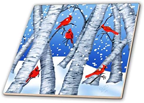 3Д роза дигитална уметност кардинални птици кои седат во дрвја од бреза во зимска снежна керамичка плочка, повеќебојни