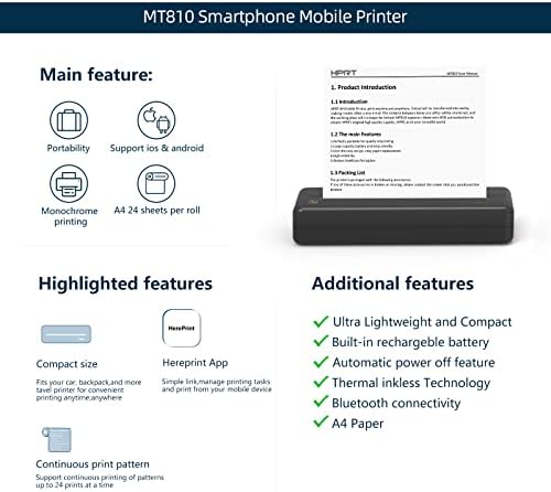 HPRT Mt810 Преносни Печатачи Безжични За Патување, Bluetooth Печатач Компатибилен Со android iOS Телефони &засилувач; Лаптопи Поддршка 8 &засилувач;