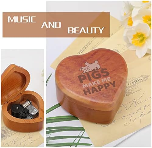 Свињите ме прават среќна гроздобер дрвена часовна музичка кутија музичка кутија во форма на срцеви подароци за семејни пријатели на lубовници