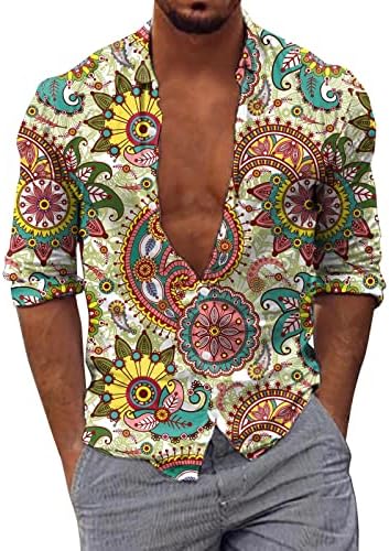 Zddo Mens Hawaiian кошули обични долги ракави Paisley Boho копче за печатење надолу со кошула лапел јака дизајнер плажа алоха врвови