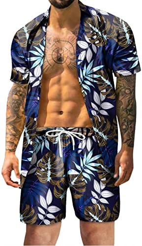 Стоута машки хавајски тренерки за секојдневно копче надолу кошули со кратки ракави и кратки облеки за одмор од 2 парчиња поставени костуми на плажа