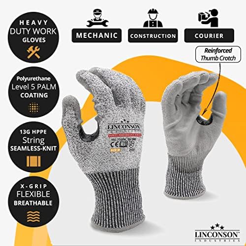 Linconson 3 пакет Ниво 5 Намалување на отпорни на безбедносни серии за безбедност, градежни механичари PU Работни ракавици палецот двојно армирано