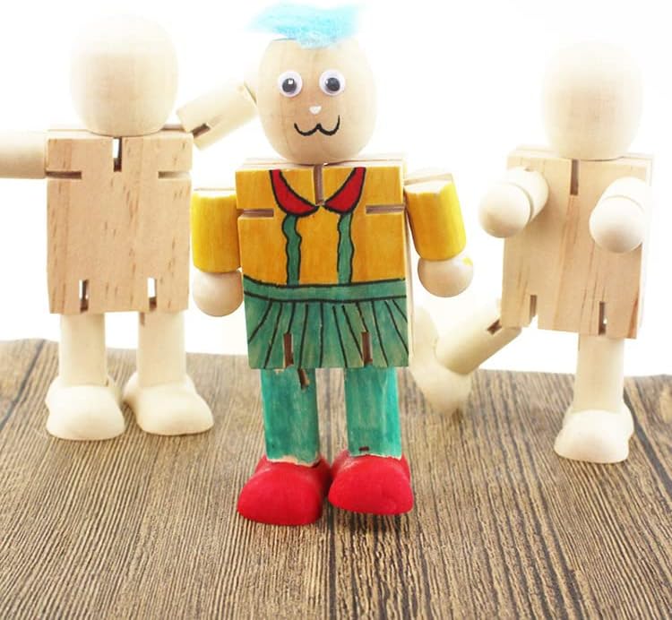 Akoak 3 парчиња Забавни и флексибилни природни дрвени роботски играчки за деца, недовршени дрвени дрвени кукли DIY, детски цртеж,