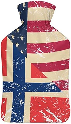 Американско и Норвешка Ретро знаме класично гума шише со топла вода вреќа за топла вода за рачни нозе на вратот Потопло со мека покривка