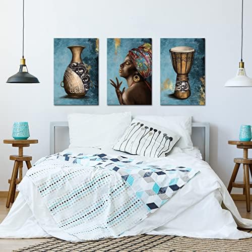 Ouelegent 3 парче афроамериканска wallидна уметност црна жена сликање платно тиркизна и кафеава слика уметнички дела за дневна соба спална