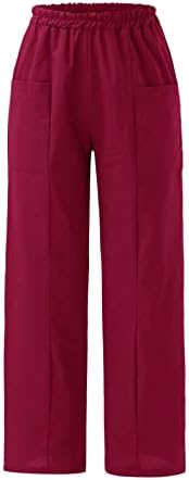 Женски памучни постелнини долги панталони опуштени вклопени цврста боја права панталони Еластични половини се протегаат широки панталони со нозе