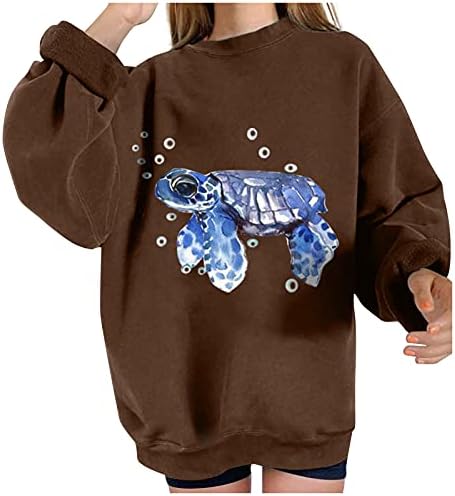 Екипаки за џемпери за жени - океански животни печатено пулвер врвови со секојдневен долг ракав преголем џемпер за жени