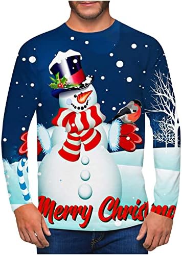 Мажите Божиќни врвови мода 3D снежен човек печатеа обични маици со долг ракав за мажи графички пикало за вратот на вратот