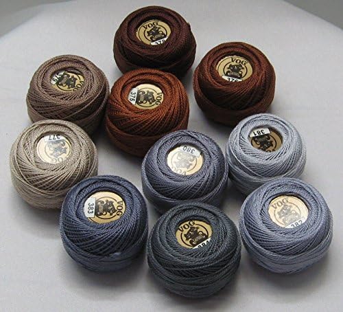 VOG © PERLE памук со големина 8 Теми за вез - сет од 10 топки - кафеави и сиви нијанси