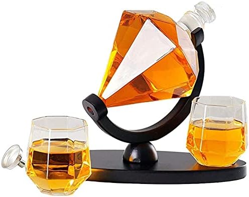 Декантер за виски виски Decantador Diamond Diamond со 4 чаши и дрвена база, сет за подароци за виски за виски за виски, шкотски, рум, бурбон,
