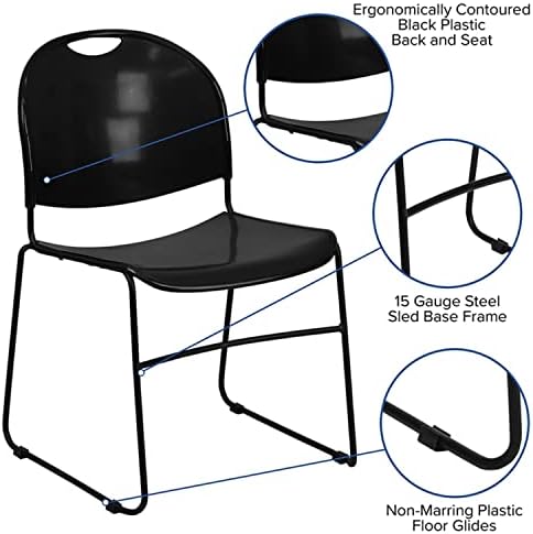 Флеш мебел Херкулес Серија 880 lb. Капацитет Црн ултра-компактен стол за магацини со рамка обложена со црн прав